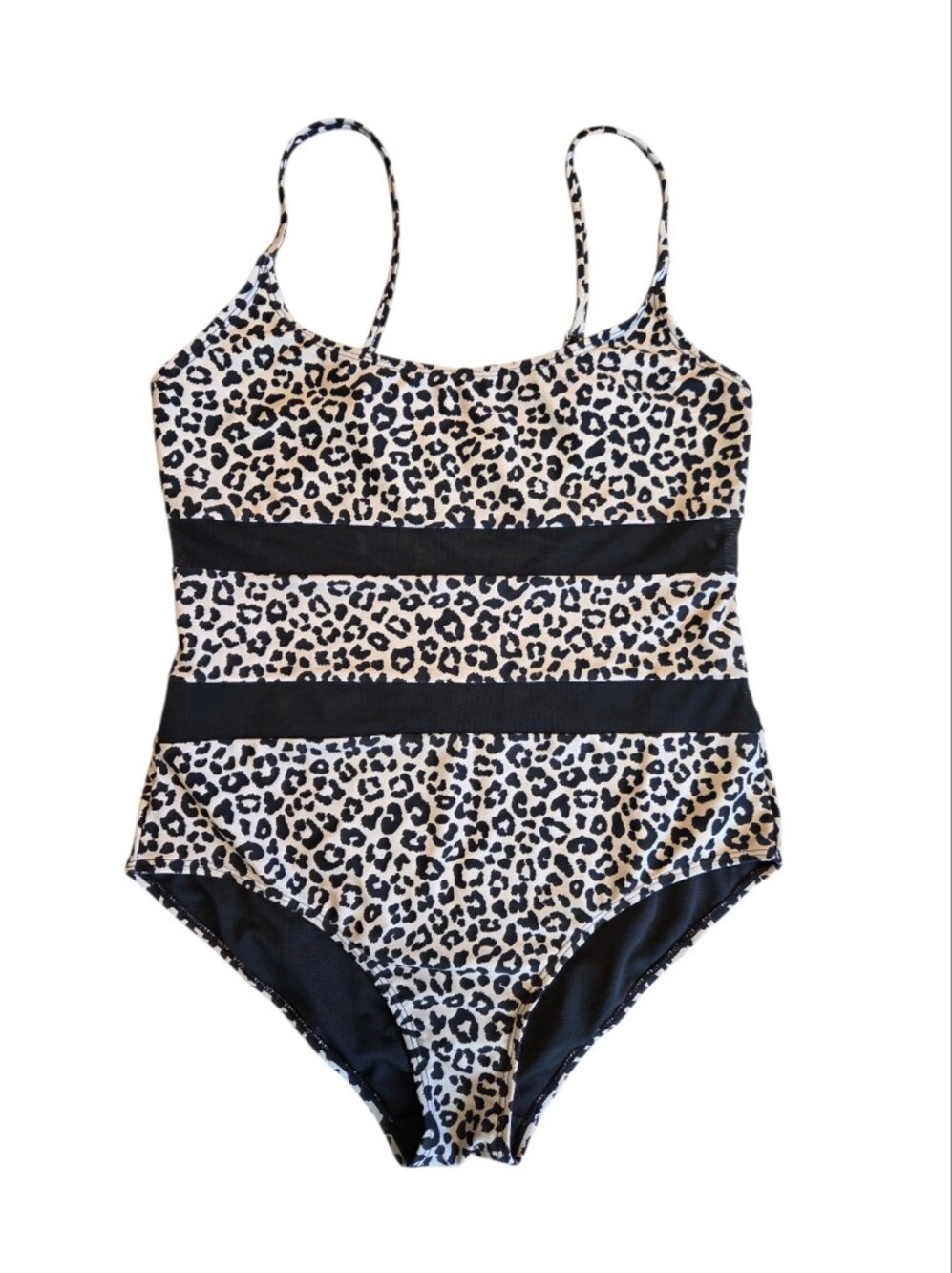 Leopard Print One-Piece Swimsuit with Black Mesh Panels M